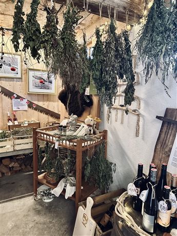 A market stand with dried herbs hanging from the ceiling. On a table, there are bottles and some small decorative objects visible.