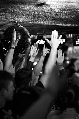 A crowd is raising their hands in the air. In the background, a disco ball is visible, and there is a festive atmosphere.
