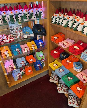 A shop with a variety of colorful winter accessories. On the shelves, there are hats, scarves, and snowman figures on display.