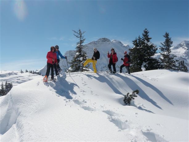 Een groep van vijf personen staat op een sneeuwbedekt landschap. Op de achtergrond zijn bergen en een heldere blauwe lucht te zien.
