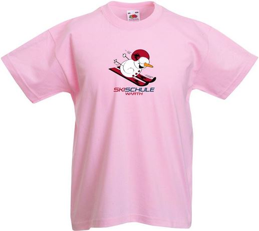 A pink T-shirt with a cheerful snowman skiing. Below it says "SKISCHULE WÄRTH".