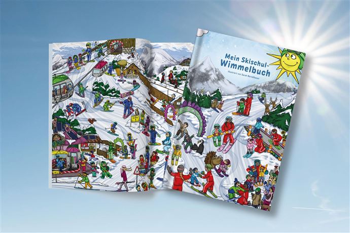 An open children's book with a colorful busy picture page shows a snowy landscape. The cover of the book bears the title "My Picture Book Busy Book."