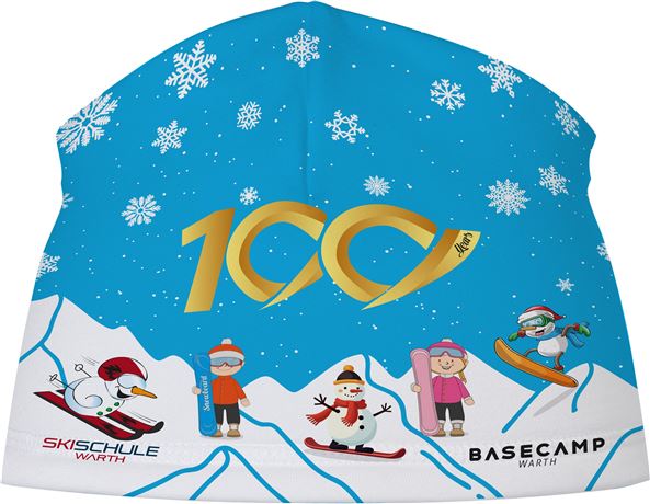 A colorful hat with winter motifs and a blue background color. It features snowmen and skiers as well as the logo for the 100th anniversary.