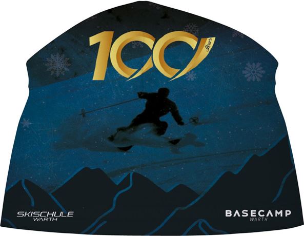 A cap with a stylized skier on a blue background. The inscription "100 years" and logos of the Warth ski school and Basecamp Warth are visible.