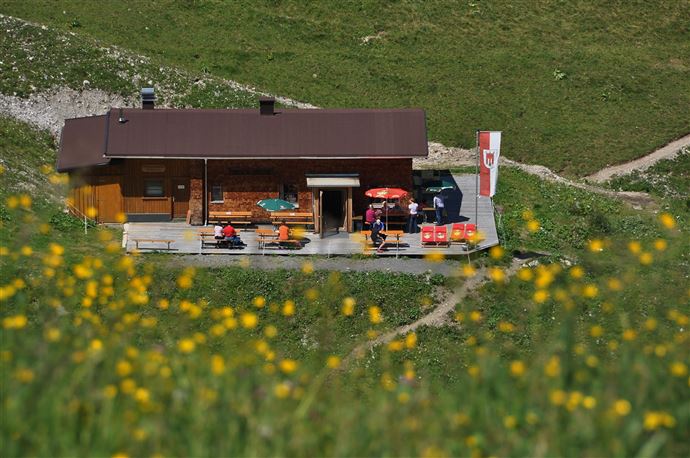 A cozy mountain cabin with a terrace and colorful umbrellas. Surrounded by a blooming meadow and gentle hills.