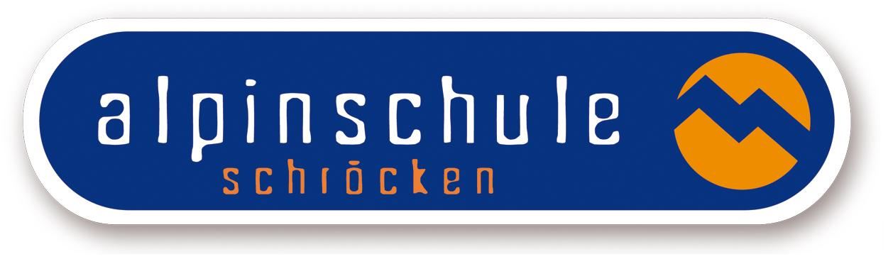 Een logo van de Alpinschool Schröcken. Het toont de tekst in blauwe kleur met oranje elementen.