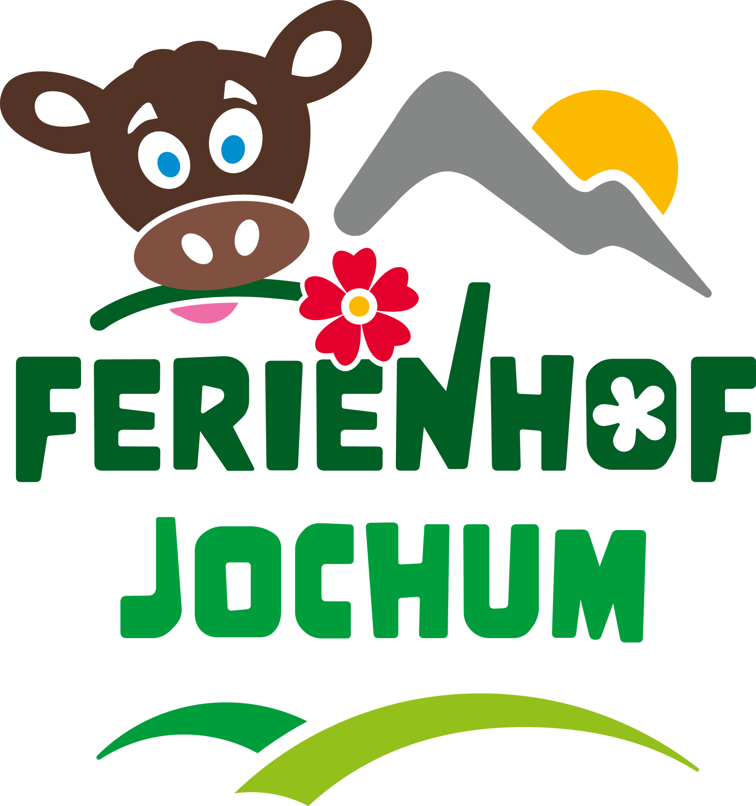 A cheerful logo of Ferienhof Jochum featuring a cow, a flower, and mountains in the background. It radiates rural tranquility and hospitality.