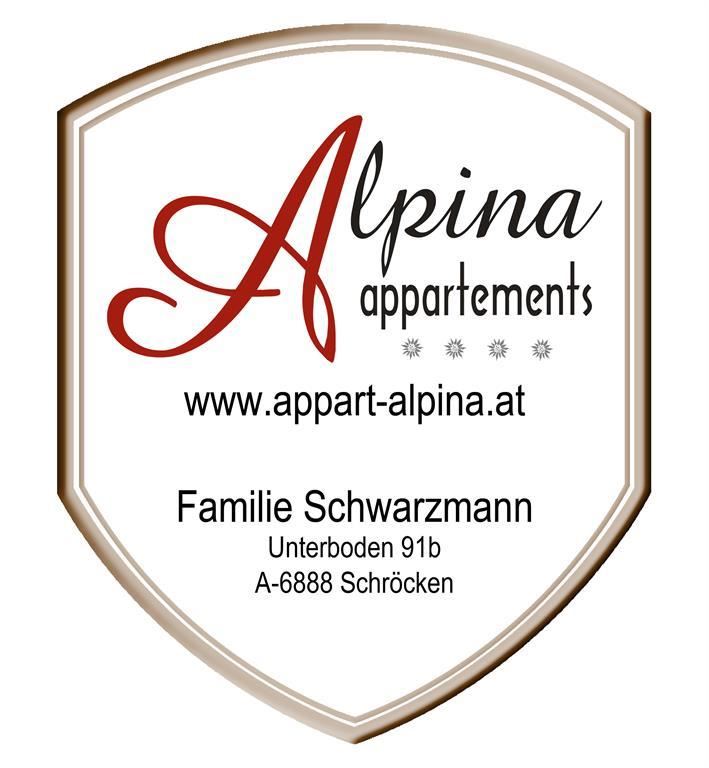 A logo of the Alpina Appartements with contact details. It shows the name and address of the Schwarzmann family in Schröcken.