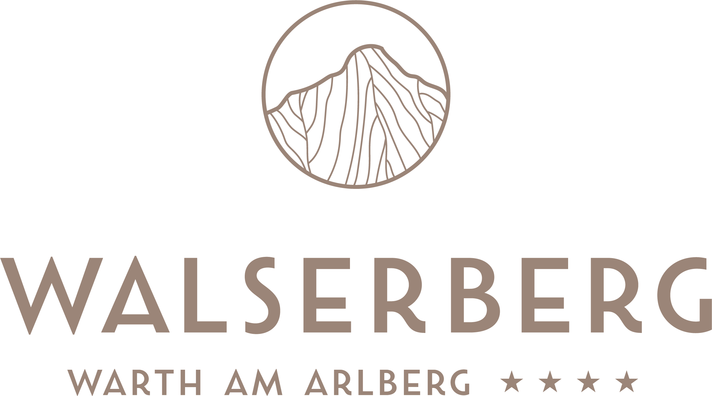 A minimalist logo of the Walserberg in Warth am Arlberg. It features a mountain and the lettering in soft colors.