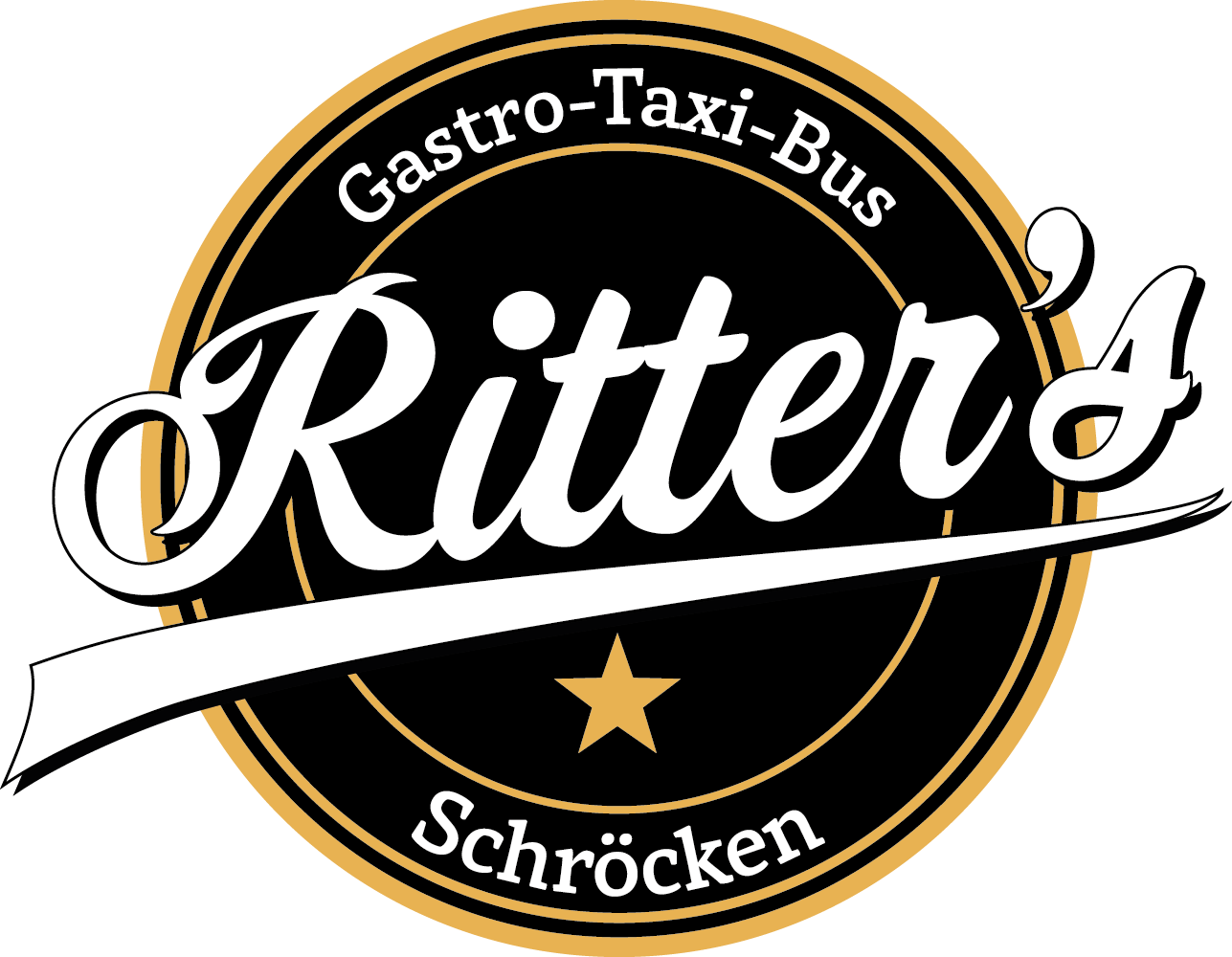 A logo of Ritter's Gastro-Taxi-Bus in Schröcken. It has an elegant font and a golden frame.