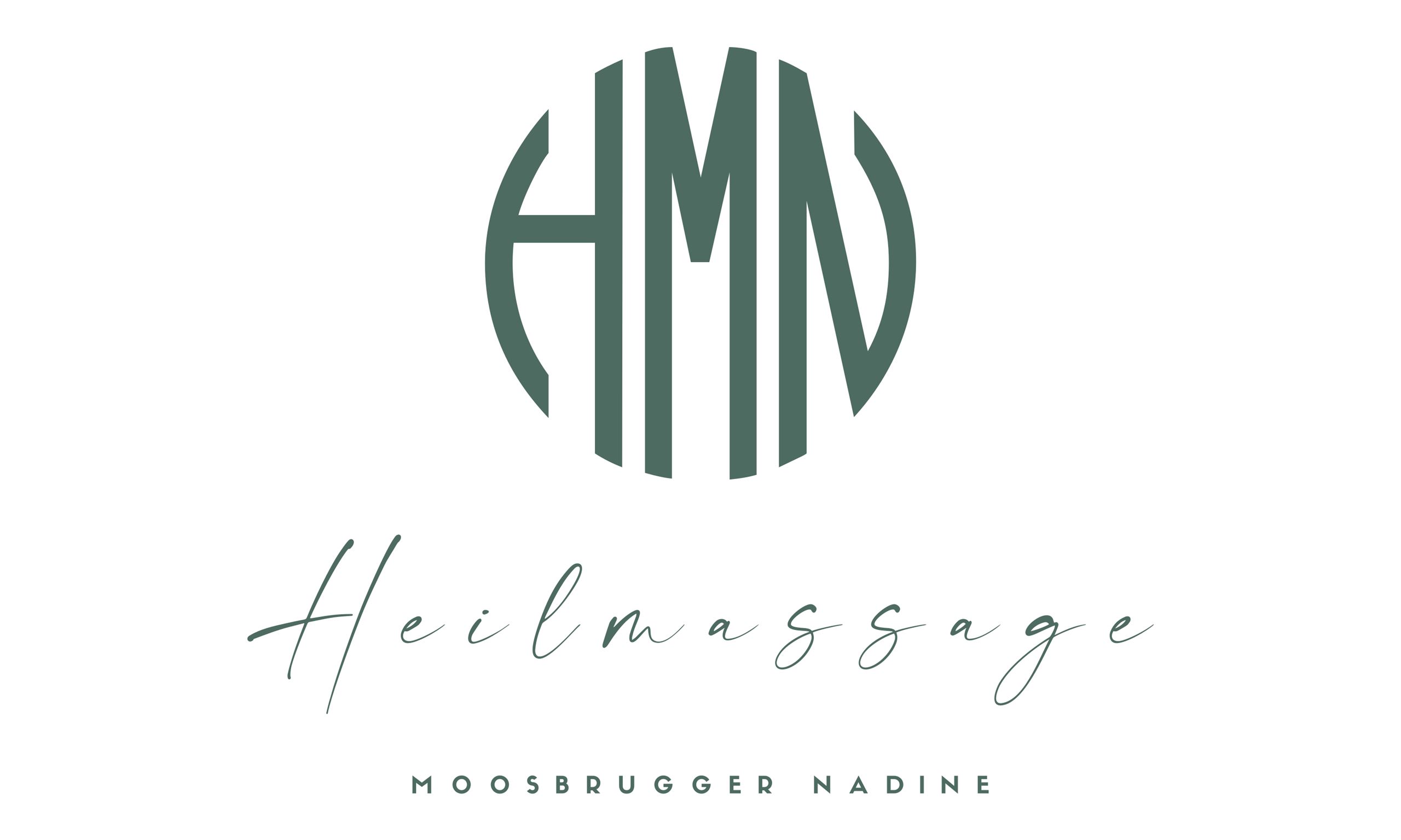 A simple, modern logo with the letters "HMN". Below it is "Heilmassage" and the name "Moosbrugger Nadine".