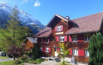 Ein traditionelles Chalet in den Bergen mit roten Fensterläden. Im Hintergrund sieht man schneebedeckte Berge und eine grüne Landschaft.