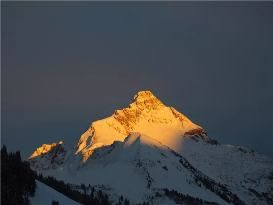 Ein majestätischer Berggipfel im Schnee, erleuchtet von der Abendsonne. Die hellen Spitzen heben sich vor dem dunklen Himmel ab.