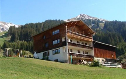 A rustic wooden house in the middle of a green meadow. In the background, majestic mountains and a blue sky can be seen.