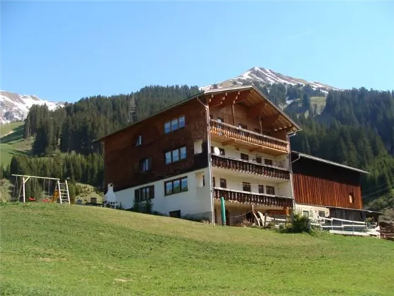 A rustic wooden house in the middle of a green meadow. In the background, majestic mountains and a blue sky can be seen.