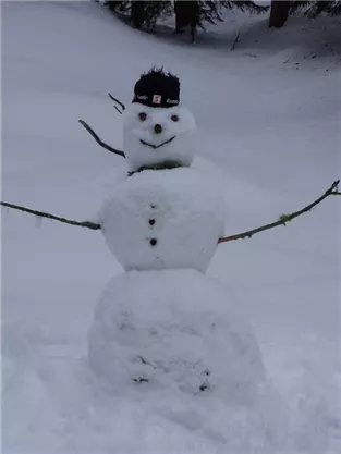Ein fröhlicher Schneemann steht im Schnee. Er hat einen Hut, eine lächelnde Gesichtszüge und ist mit Zweigen und Steinen dekoriert.