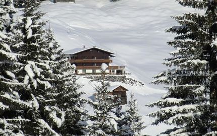 Ein gemütliches Haus in einer verschneiten Landschaft, umgeben von hohen Tannenbäumen. Der Boden ist mit frischem, weißem Schnee bedeckt.