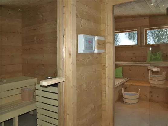 Eine moderne Sauna mit Holzwänden und bequemen Sitzbänken. Große Fenster lassen Tageslicht hinein und sorgen für eine entspannte Atmosphäre.