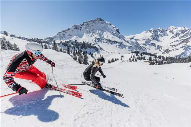 Two skiers are skiing on a snow-covered slope. In the background, impressive mountains can be seen.