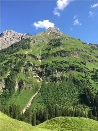 A green mountain landscape with steep slopes and scattered rocks. The sky is clear with a few clouds.